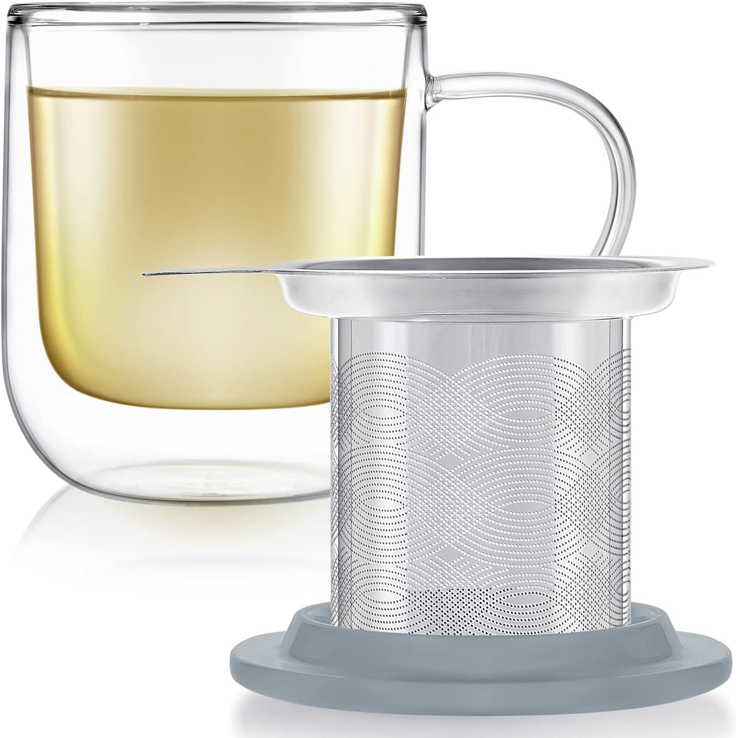 Teabloom Tea-For-One Steeping Mug – Insulated Double Wall Glass Mug (12 oz), Stainless Steel Infuser, Porcelain Lid/Coaster – Great For Brewing Loose Leaf Tea