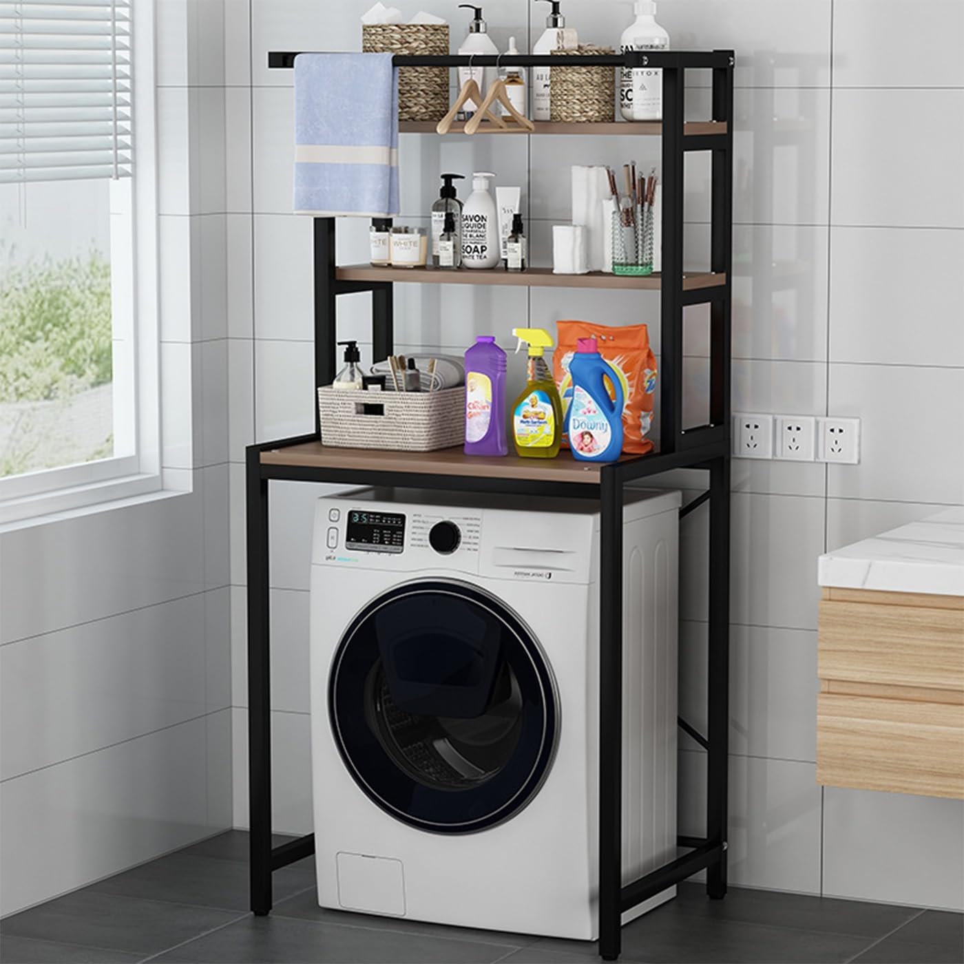 Gdrasuya10 3 Tier Over the Washer and Dryer Storage Shelf, Black Washing Machine Storage Utility Rack Freestanding Laundry Storage Shelf Organizer Space Save for Laundry Room Organization
