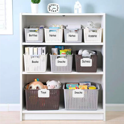 20 Basket Labels Clip On, Reusable Labels for Storage Bins, Removable Chalk Labels for Containers, Kitchen Closet Baskets and Storage Basket Holders with 2 White Chalk Markers