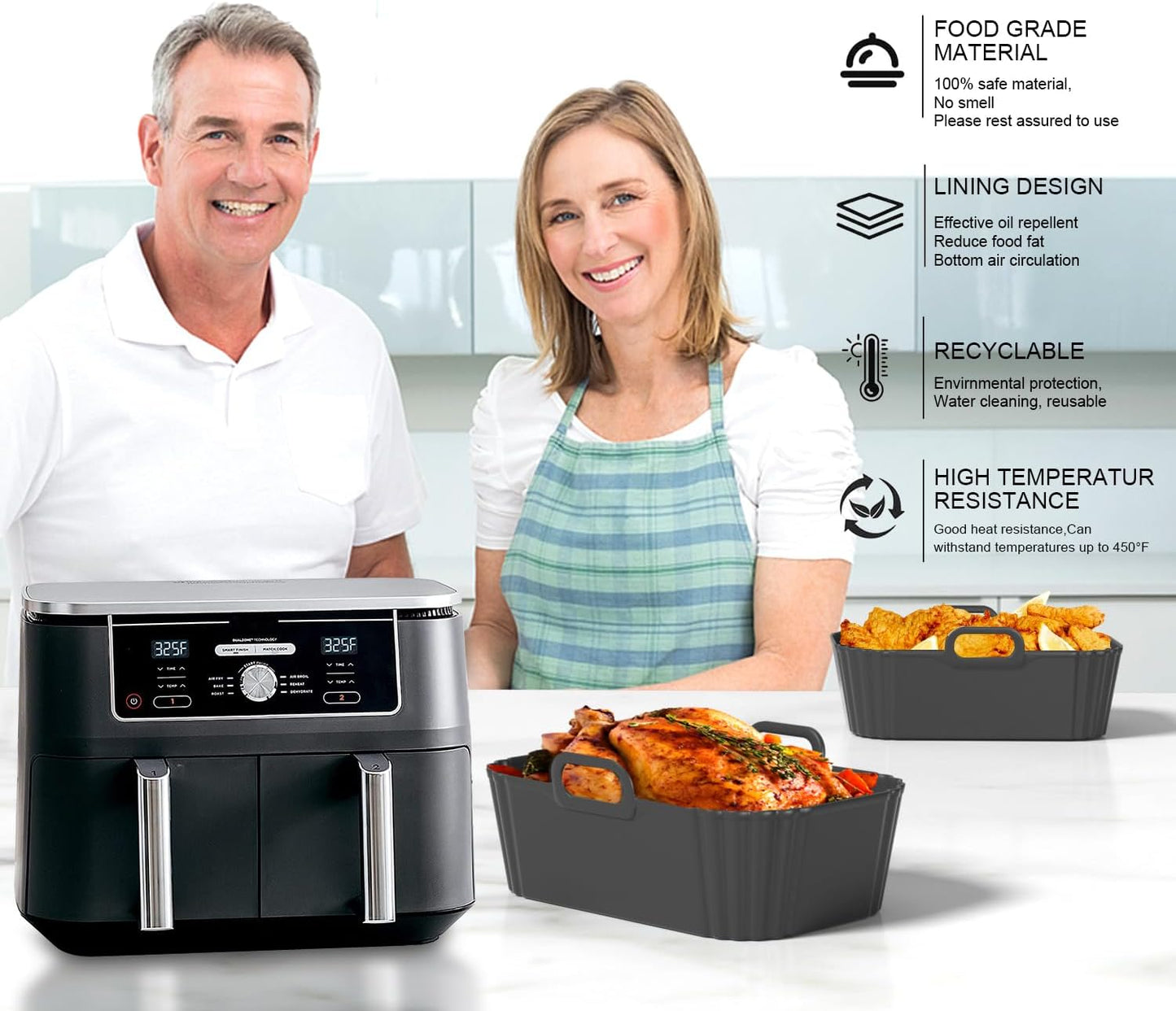 Silicone Air Fryer Liners 2 Pack, Reusable Compatible for Ninja Foodi DZ201, DZ401, DZ550, DZ302, COSORI 9QT, Chefman, Instant, and 6-in-1 8-10QT Dual Baskets