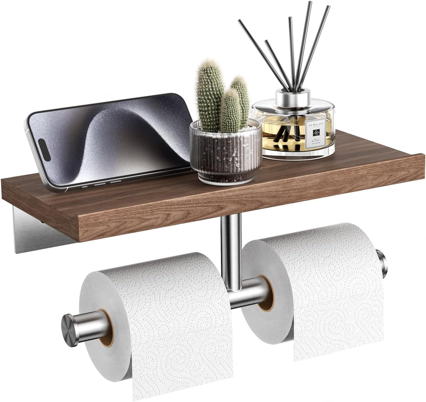 Tindbea Toilet Paper Holder with Wood Shelf, Wooden Wall Mount Tissue Paper Roll Holder, Matte Black Stainless Steel Bathroom Accessories Decor Household Home Apartment Restroom Essentials (Walnut)