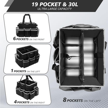 Large Rolling Cleaning Caddy Bag, Cleaning Caddy with Wheels with Detachable Trolley for Housekeepers, Water Resistant Cleaner Supplies Organizer with Wheels for Kitchen, Car, Picnic (Black-Grey)