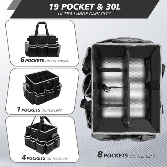 Large Rolling Cleaning Caddy Bag, Cleaning Caddy with Wheels with Detachable Trolley for Housekeepers, Water Resistant Cleaner Supplies Organizer with Wheels for Kitchen, Car, Picnic (Black-Grey)