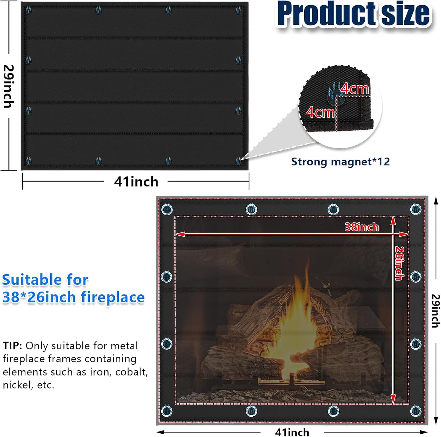Magnetic Fireplace Cover 39"x32" Fireplace Draft Stopper Blocker Indoor | Fire Place Cover with Built-in 12 Strong Magnet for Iron Fireplace Frame Fireplace Screen
