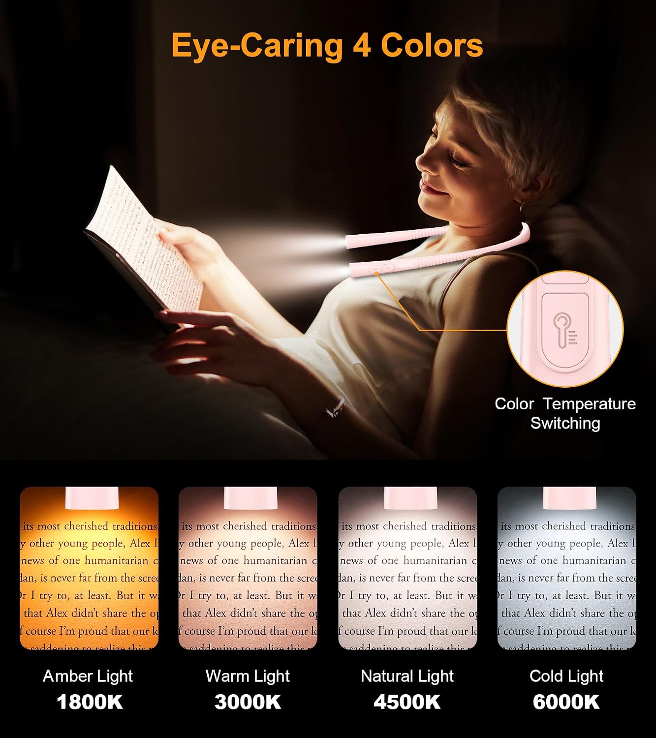 Gritin Book Light, Eye Caring 4-Color&5-Brightness Neck Light Reading Light | Stepless Dimming, 30-min Timer, 80+ Hrs Runtime, Bendable Round Neck Design, Lightweight for Reading, Knitting, Repairing