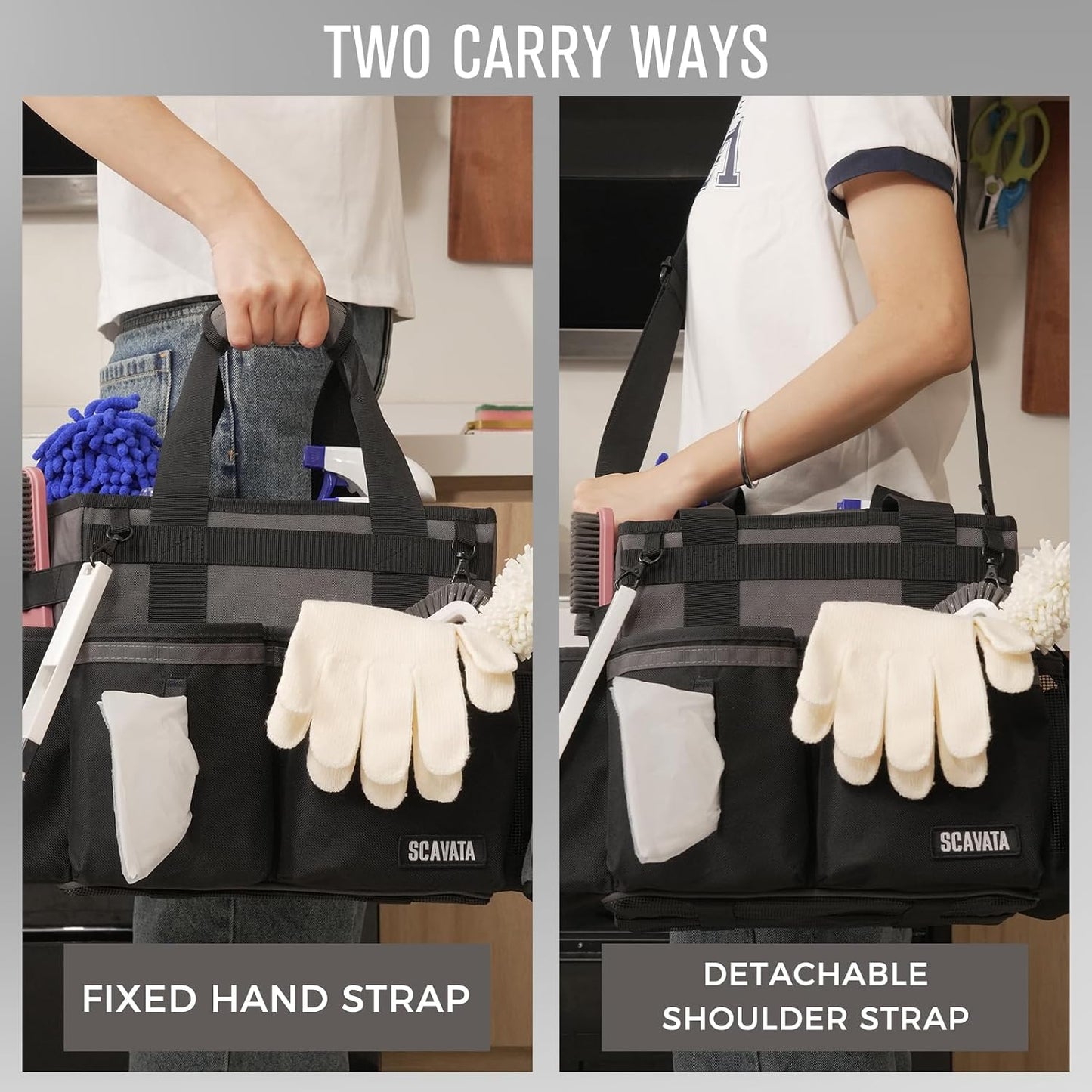 SCAVATA Compact Wearable Cleaning Caddy with Handle & Shoulder Straps | Small Cleaning Supplies Organizer, Under Sink & Car Cleaning Tools Storage Bag for Housekeepers Cleaners, Black