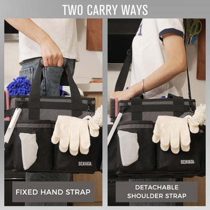 SCAVATA Compact Wearable Cleaning Caddy with Handle & Shoulder Straps | Small Cleaning Supplies Organizer, Under Sink & Car Cleaning Tools Storage Bag for Housekeepers Cleaners, Black