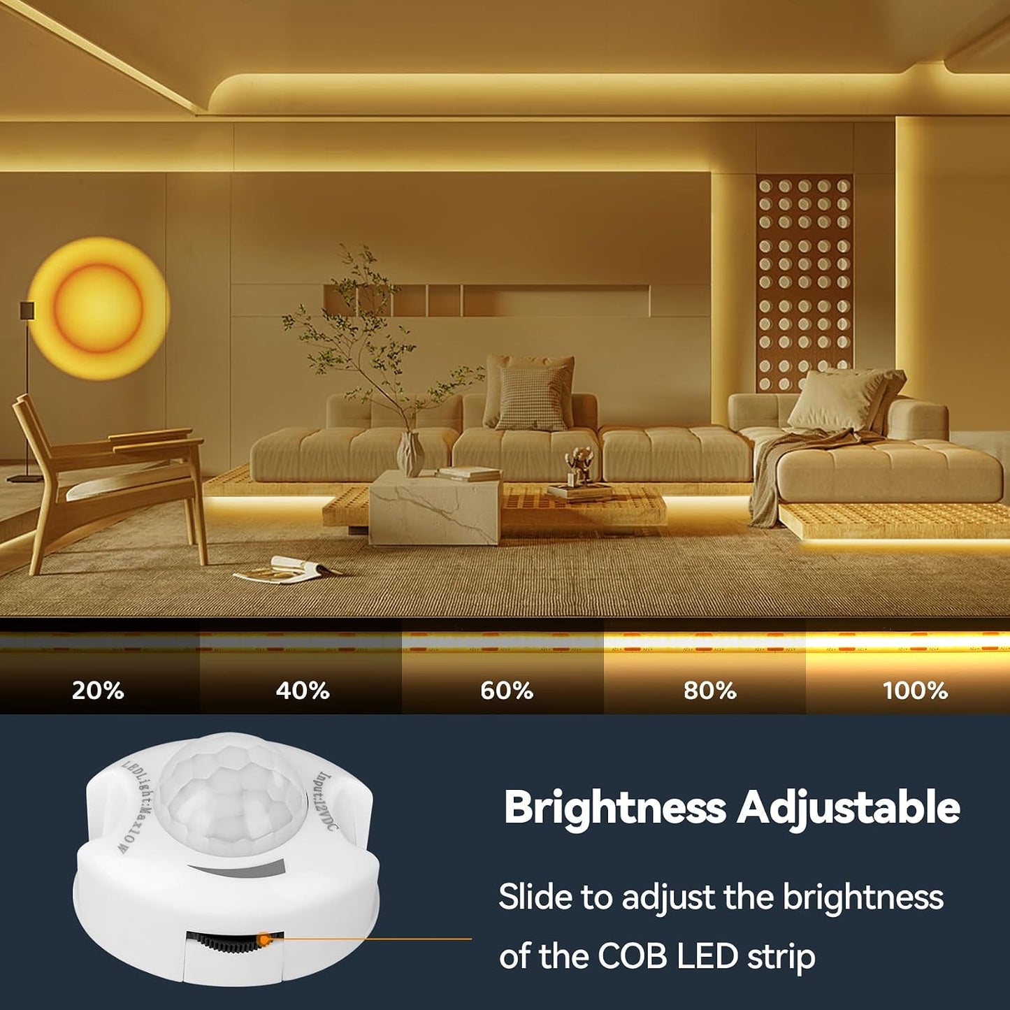 Under Bed Lights Motion Sensor COB LED Strip 3000K Warm White 2-Pack 6.56Ft | Dimmable 12V indoor night light. Ideal for bedside, under cabinet, stairs, closet. Easy install, motion activated auto-on/off