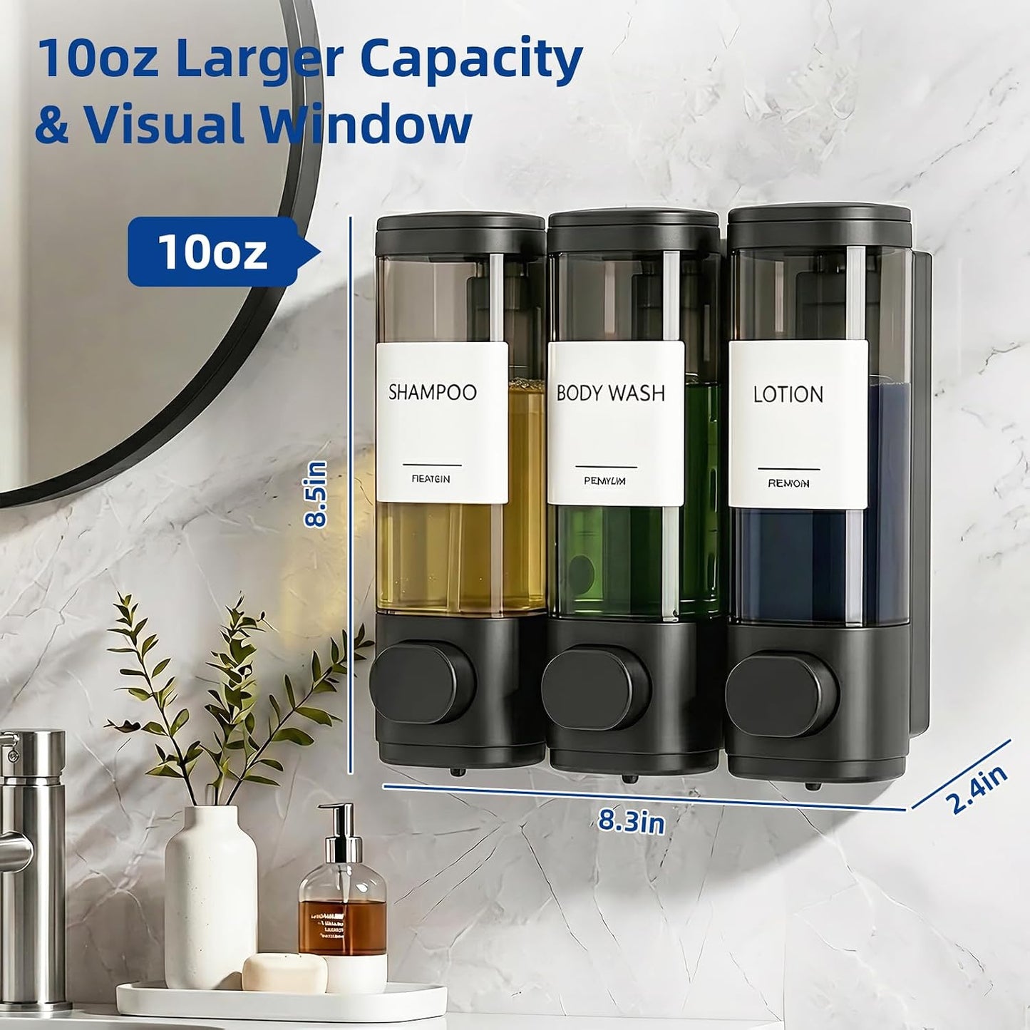 GMISUN Shower Soap Dispenser Wall Mounted with Razor Holder & Loofah Hook, No Drill Design Shampoo and Conditioner Dispenser, Plastic Shower Soap Dispenser Bottles with Labels Set of 3,Satin Silver