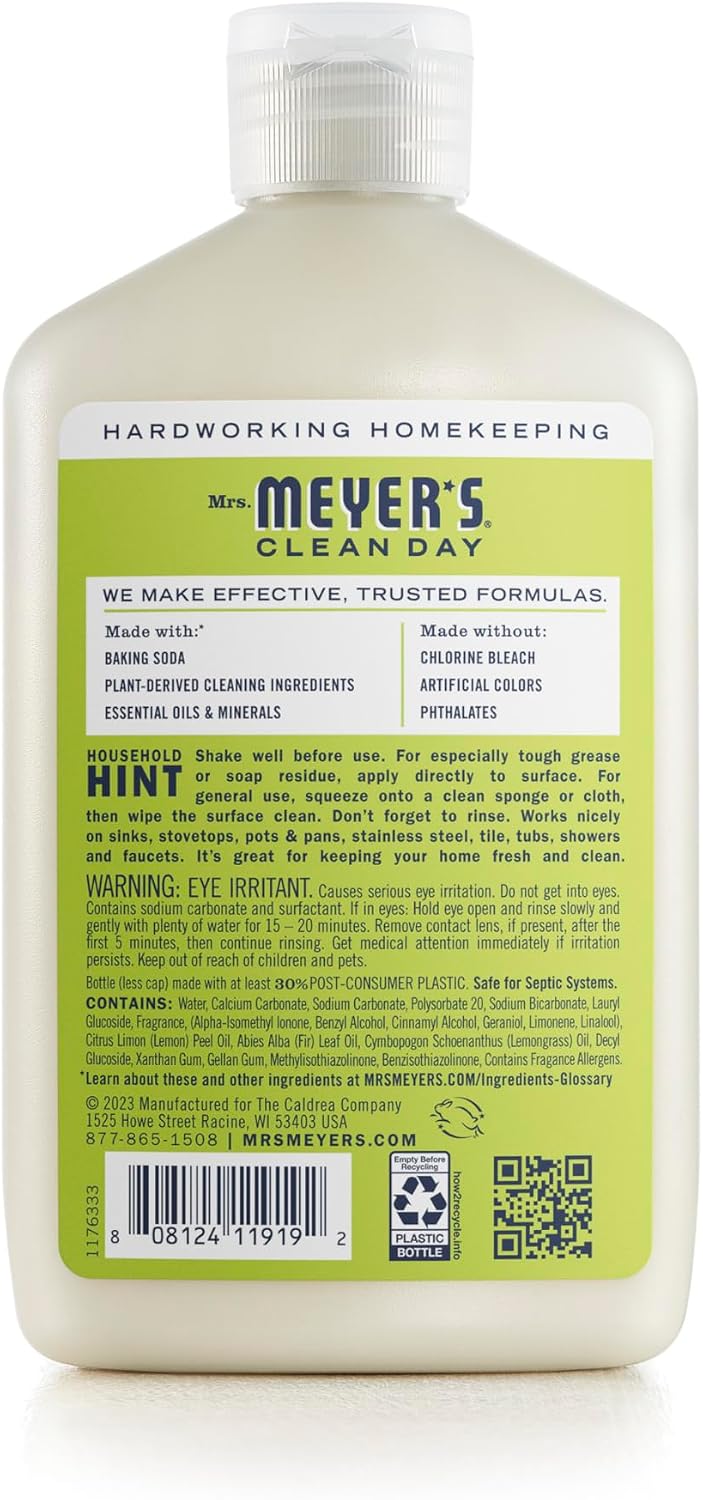 MRS. MEYER'S CLEAN DAY Baking Soda Cream Cleaner, Lemon Verbena, 16 fl oz | Freshens Kitchen, Removes Soap Scum and Grease, For Use on Sinks, Stovetops, Pots, & Pans