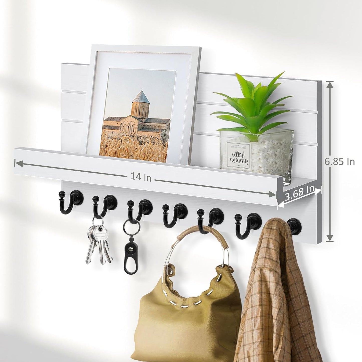 HONJIN Key Holder Wall Mount with Shelf and 5 Sturdy Key Hooks (White) | Key and Mail Holder Wall Mount, Wooden Entryway Organizer and Decorative, Easy Installation, 10*3.8*6.85 Inch