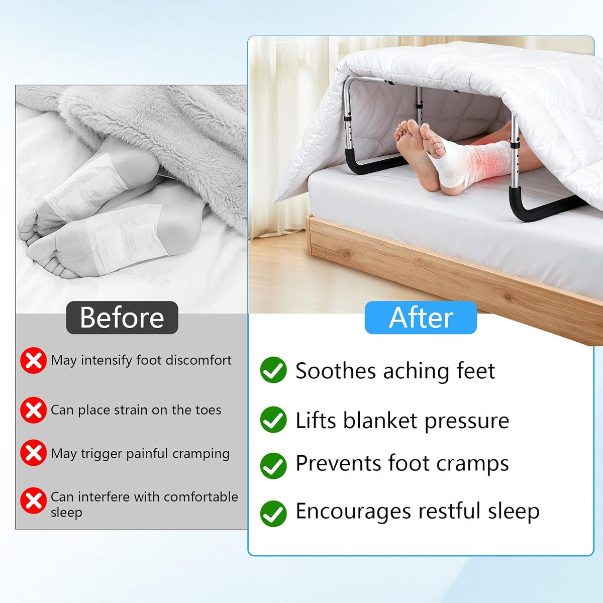 Blanket Lifter for Feet, Non-Slip Blanket Lifters for Foot of Bed, Adjustable Height with 4 Clips, Aluminum Bed Cradle for Feet Legs Ankles, Sleep Comfort & Surgery Recovery - Easy Assembly