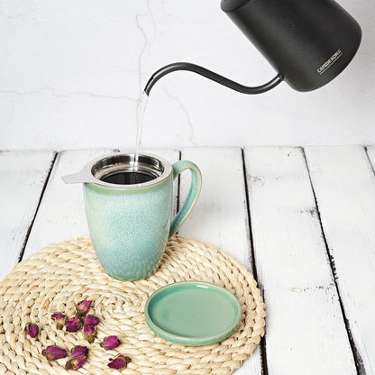 Bosmarlin Ceramic Tea Cup with Infuser and Lid, 13.5 Oz, Loose Leaf Tea Steeper Mug with Strainer, Microwave and Dishwasher Safe, Reactive Glaze (13.5 Oz, Pale Green)