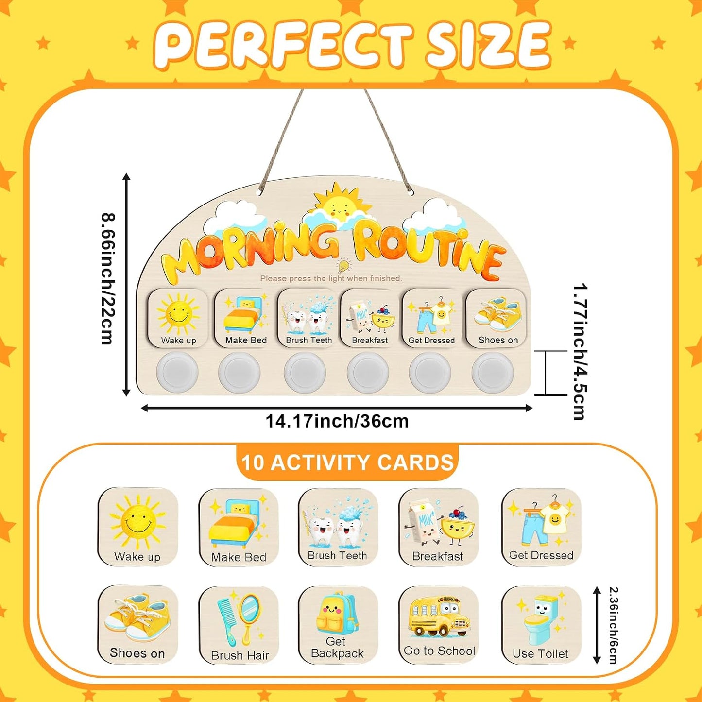 Morning Routine Chart for Toddlers, Visual Schedule Chart Planner | to Do List with 6 Tap Lights & 10 Activity Cards, Wooden Checklist Schedule Board for Kids, Autism, Preschoolers, ADHD Tools