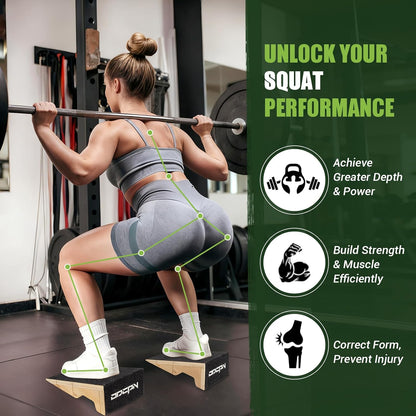 Squat Wedge Block, 1800 LBS Capacity, Wooden Squat Wedge for Heel Elevation | Storage Bag & Training Poster, 2-Pack Non-Slip Slant Board for Gym Squats to Improve Ankle Mobility, Balance & Weightlifting
