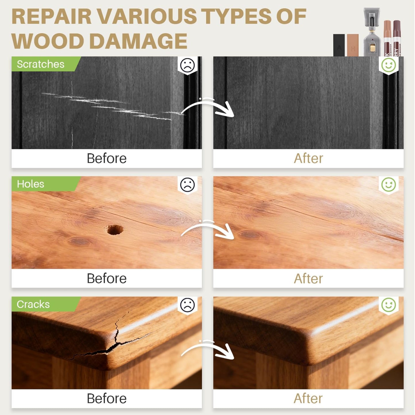 Laminate Vinyl Floor Repair Kit - Set of 22 Wood Floor Wax Furniture Touch Up Markers, Linoleum Repair Kit Cover Up Scratches, Cracks, Stains for Wooden Door, Floor, Table, Cabinet, Desks