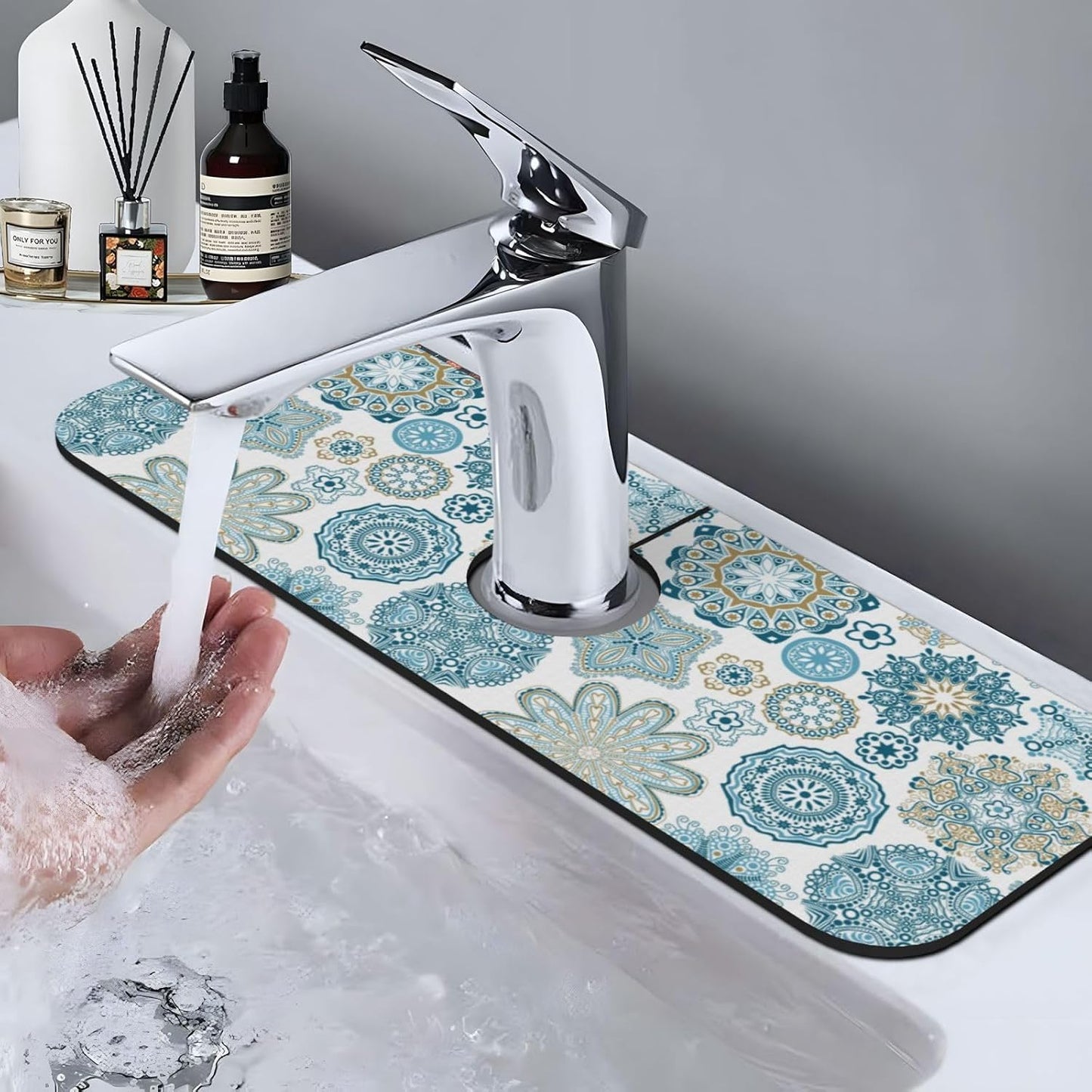 Aquamarine Blue Mexican Tiles Faucet Splash Guard Mat for Kitchen Sink 15x5.5" - Colors B