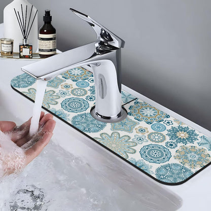 Aquamarine Blue Mexican Tiles Faucet Splash Guard Mat for Kitchen Sink 15x5.5" - Colors B