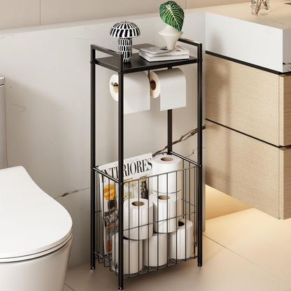 Voldra Toilet Paper Holder with Shelf, Flushable Wipes Dispenser for Bathroom, Adhesive Toilet Paper Roll Holder with Storage Wall Mount Stick On Bathroom Tissue Holder Front Flip Design (Matte Black)