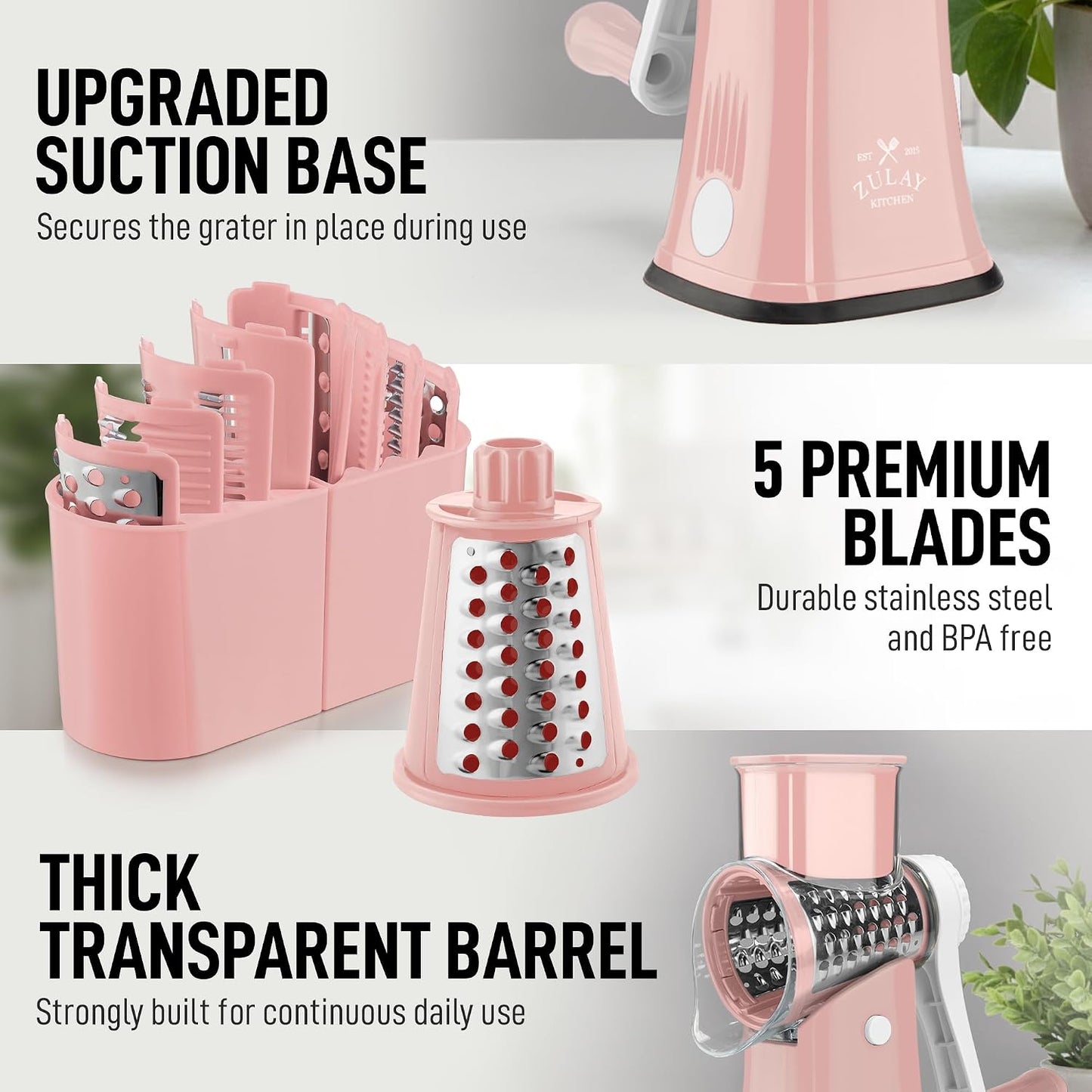 Zulay Kitchen Rotary Cheese Grater 5 Blade Cheese Shredder - Manual Hand Crank Cheese Grater With Reinforced Suction & 5 Interchangeable Drums - Easy to Use, Vegetable Chopper Round Mandoline Slicer - Colors B