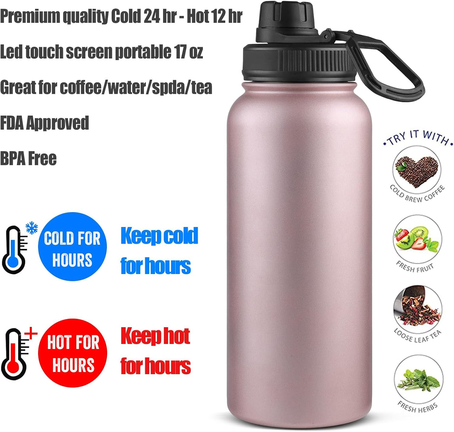 Sivaphe Infuser Travel Mug with Removable loose leaf Tea Strainer Tea Filter Water Bottle 18/8 Stainless Steel Insulated Tumbler for Women Rosegold
