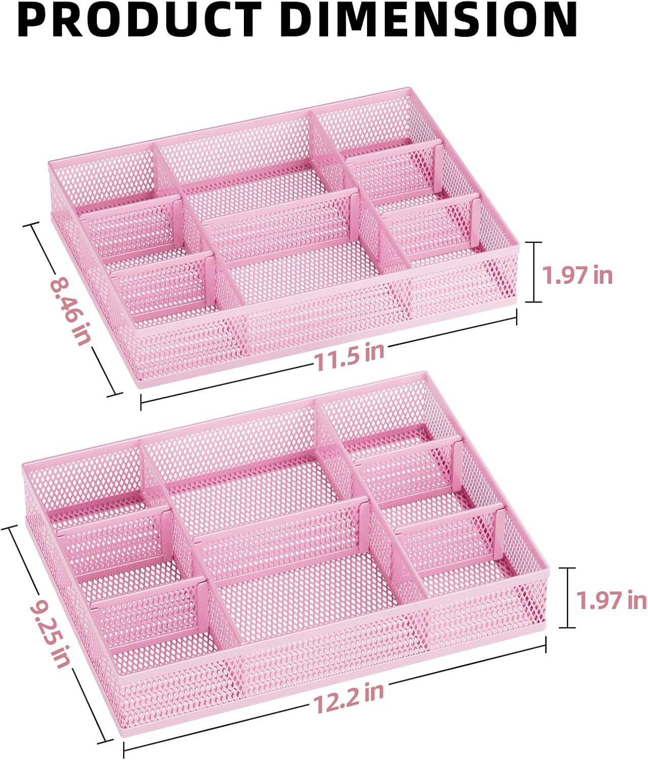 Marbrasse 2 Pack Desk Drawer Organizer, Mesh Drawer Organizer Tray with 8 Adjustable Compartments, Desk Organizers and Accessories, 5 Dividers Drawer for Office Supplies, Makeup & Vanity (Black)