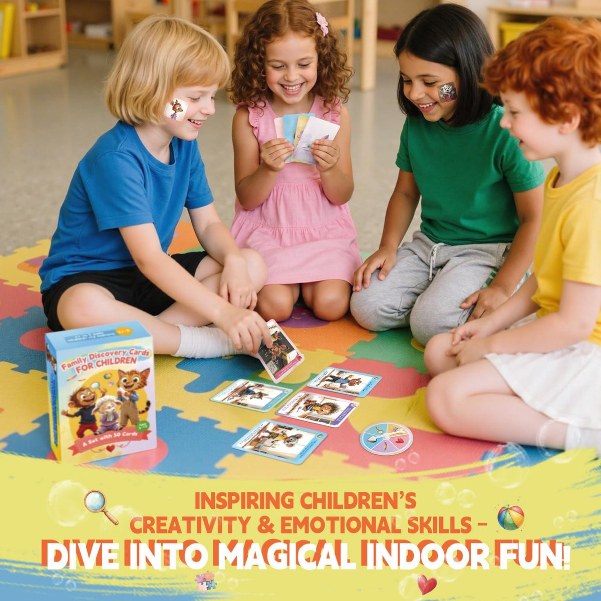 50 Indoor Discovery Cards for Kids 3–12 – Montessori Screen-Free Activity Set | 5 Themes | Spinner & Reward Stickers | Fun Game for Home & School Stocking Stuffers
