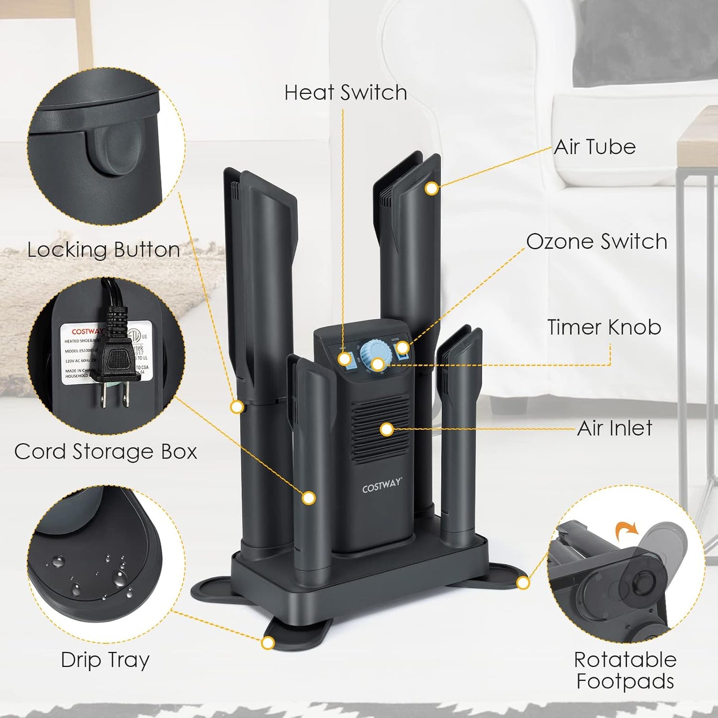 COSTWAY Boot Dryer, Shoe Dryers with 180 Mins Timer & Heating Blower, Ozone Disinfection, Extendable Design, Electric Shoe and Boot Warmer for Work Boots, Ski, Glove, Hats, Grey