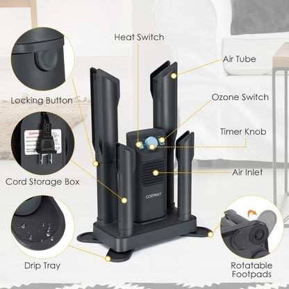 COSTWAY Boot Dryer, Shoe Dryers with 180 Mins Timer & Heating Blower, Ozone Disinfection, Extendable Design, Electric Shoe and Boot Warmer for Work Boots, Ski, Glove, Hats, Grey