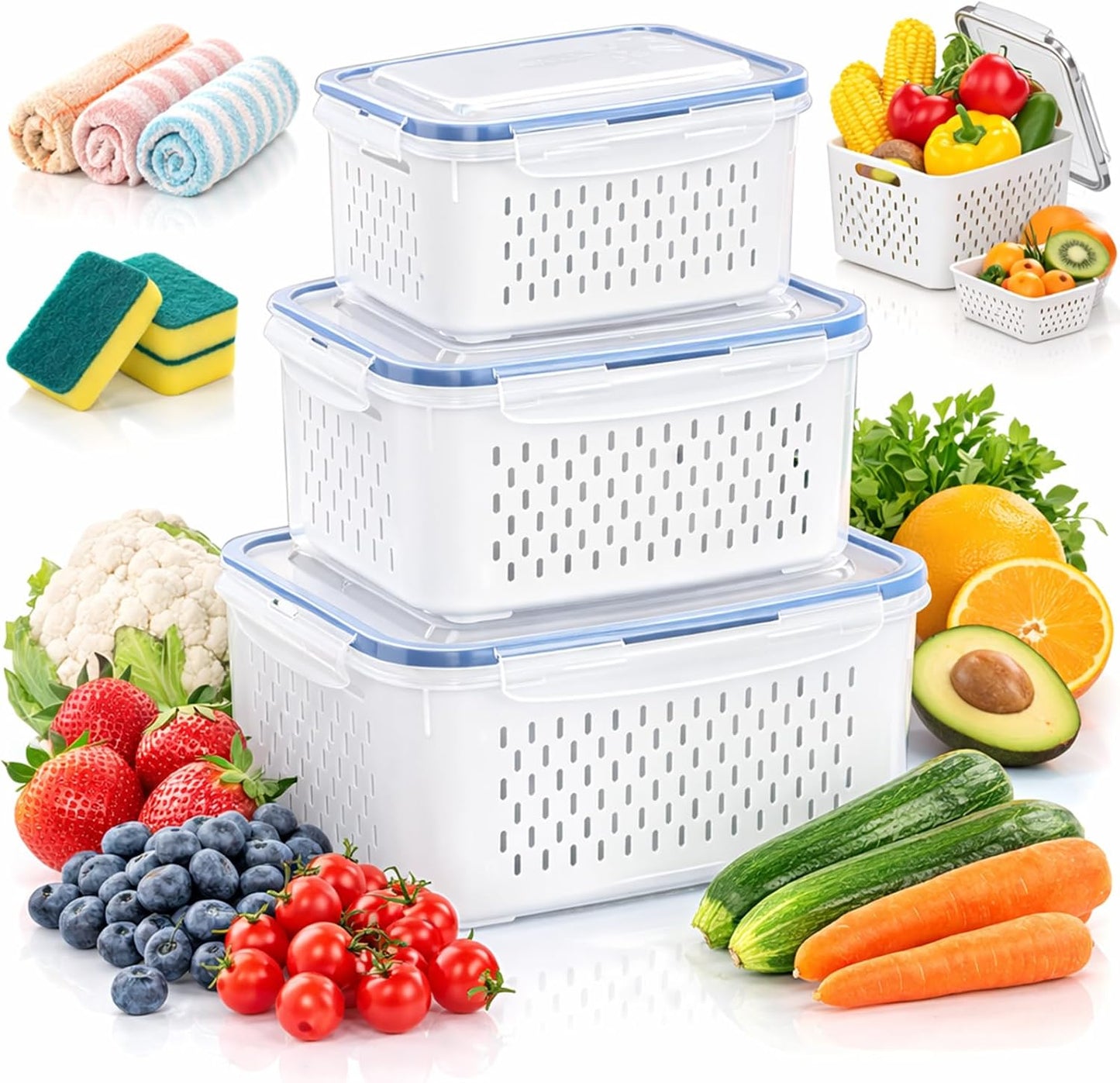 2026 Upgraded 4 in 1 Food Storage Container, Fruit Storage Containers for Fridge with Removable Colanders, Household Transparent Plastic Food Storage Box-Including Drain Basket (Blue,S+M)