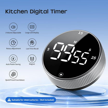 Digital Kitchen Timer with Magnetic - Visual Timer with Large LED Display, Pomodoro Classroom Timers with 3-Preset Times, Volume Adjustable, Countdown & Count Up Timers for Cooking