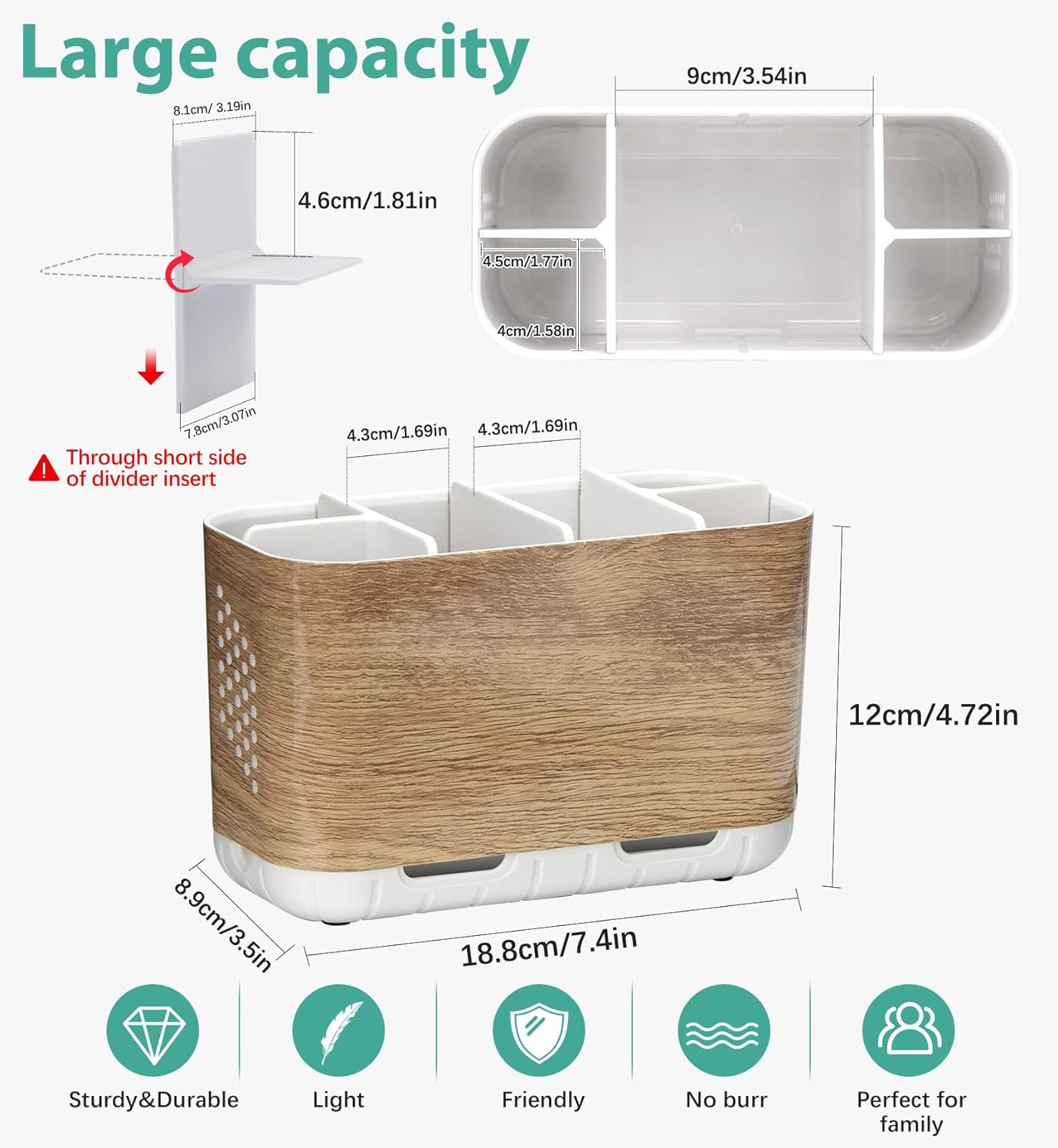 Boperzi Toothbrush and Toothpaste Holder Drainage for Bathroom Countertop with Adjustable Dividers, Large Toothpaste Caddy Organizer Storage Rustic Decor Set Anti-Slip for Shower,Family,Kids Gray
