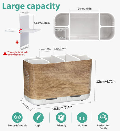 Boperzi Toothbrush and Toothpaste Holder Drainage for Bathroom Countertop with Adjustable Dividers, Large Toothpaste Caddy Organizer Storage Rustic Decor Set Anti-Slip for Shower,Family,Kids Gray
