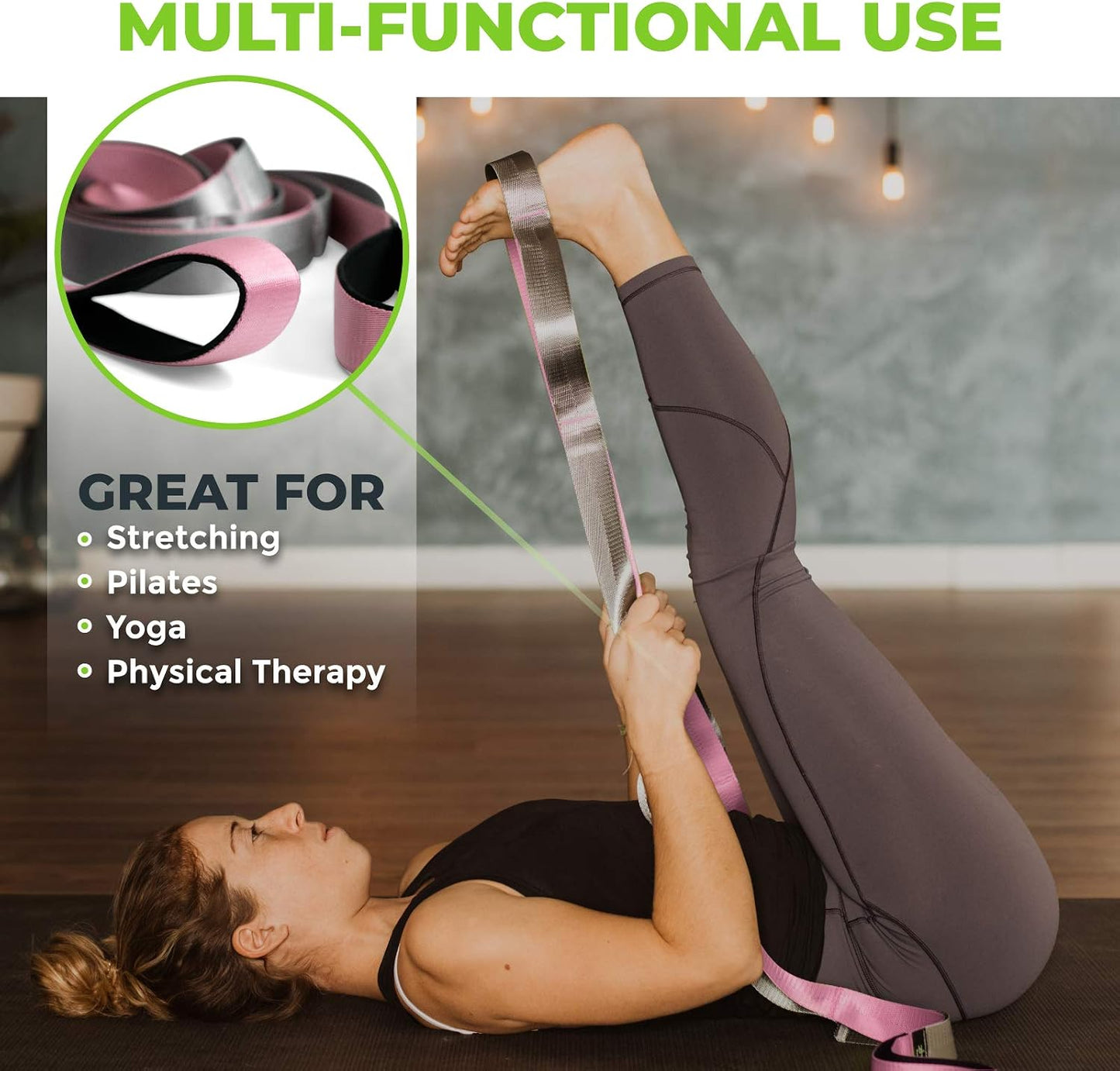 Stretching Strap for Physical Therapy, 12 Multi-Loop Stretch Strap 1.5" W x 8' L, Neoprene Handles, Physical Therapy Equipment, Yoga Straps for Stretching, Leg Stretcher.
