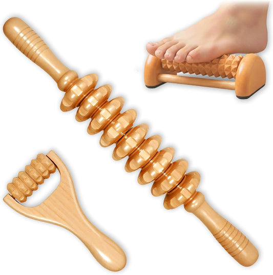 3Pcs Wood Therapy Massage Tools, Lymphatic Drainage & Maderoterapia Kit for Body Sculpting, Anti Cellulite, Wooden Muscle Roller for Deep Tissue, Back, Legs, Foot Roller for Plantar Fasciitis