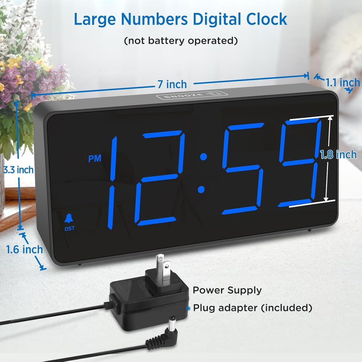 Peakeep Digital Alarm Clock for Bedroom Bedside, Large Display, USB Charger