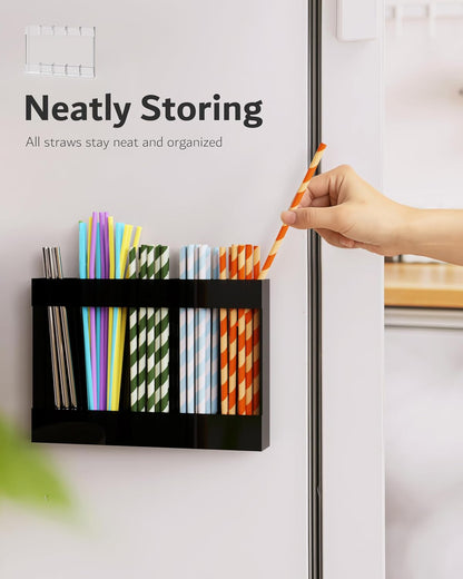 Upgraded 9.5'' Large Acrylic Straw Holder for Cabinet Door, Adjustable Space-Saving Straw Organizer Storage Dispenser for Cabinet with Ultra Sticky Adhesive Strips, 2-Part Rack, Drainage Holes