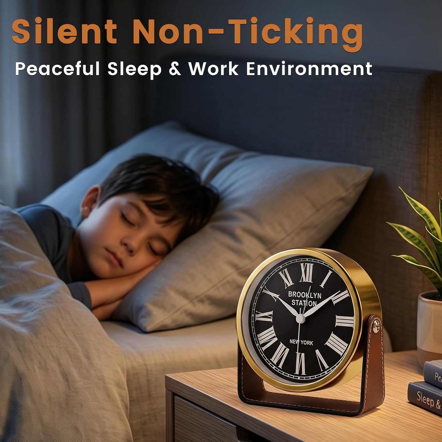 Analog Alarm Clock - 4.5" Silent Non Ticking Small Clock with Light, Rotatable Stand Metal Desk Clock Battery Operated, Simple Design for Living Room Decor/ Bedroom/Bedside/Shelf (Black & White)