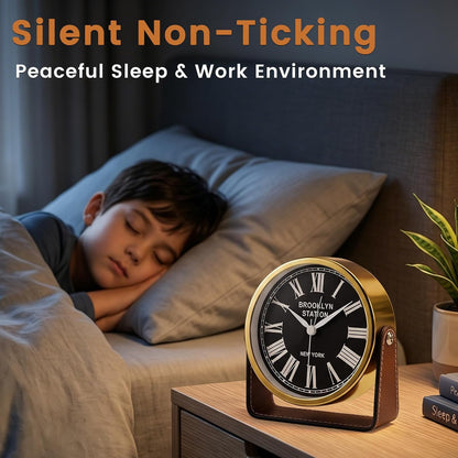 Analog Alarm Clock - 4.5" Silent Non Ticking Small Clock with Light, Rotatable Stand Metal Desk Clock Battery Operated, Simple Design for Living Room Decor/ Bedroom/Bedside/Shelf (Black & White)