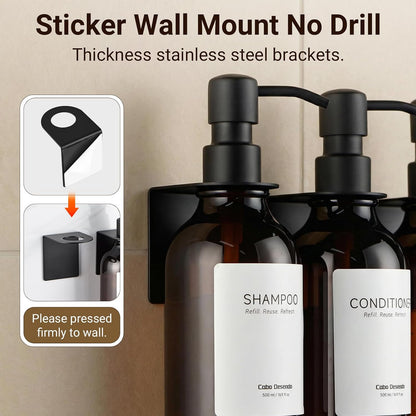 Shampoo and Conditioner Dispenser - Shower Soap Dispenser 3 Chamber No Drill - Bathroom Soap Dispenser Wall Mount Adhesive - Clear PET Bottles with Nature Bamboo Pumps Set Refillable 1500ml