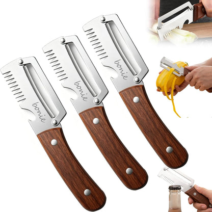 Multi-Functional Stainless Steel Thickened Fruit Peeler Knife, 2026 New 3 in 1 Stainless Steel Blade Peeler for Kitchen with Wooden Handle and Bottle Opener for Vegetable & Fruit (MIX, 2PCS)