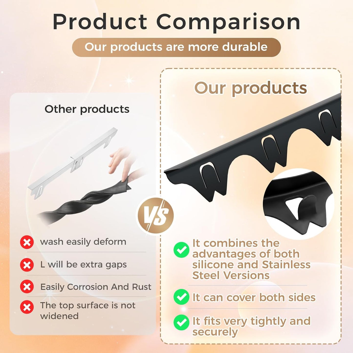 Silicone Stove Gap Covers with Stainless Steel, Oven Gap Filler Seals Gaps Between Stovetop and Counter, Stove Gap Guards Range Trim Kit, Easy to Clean Stove Gap Guard (Black 2 Pack,25")