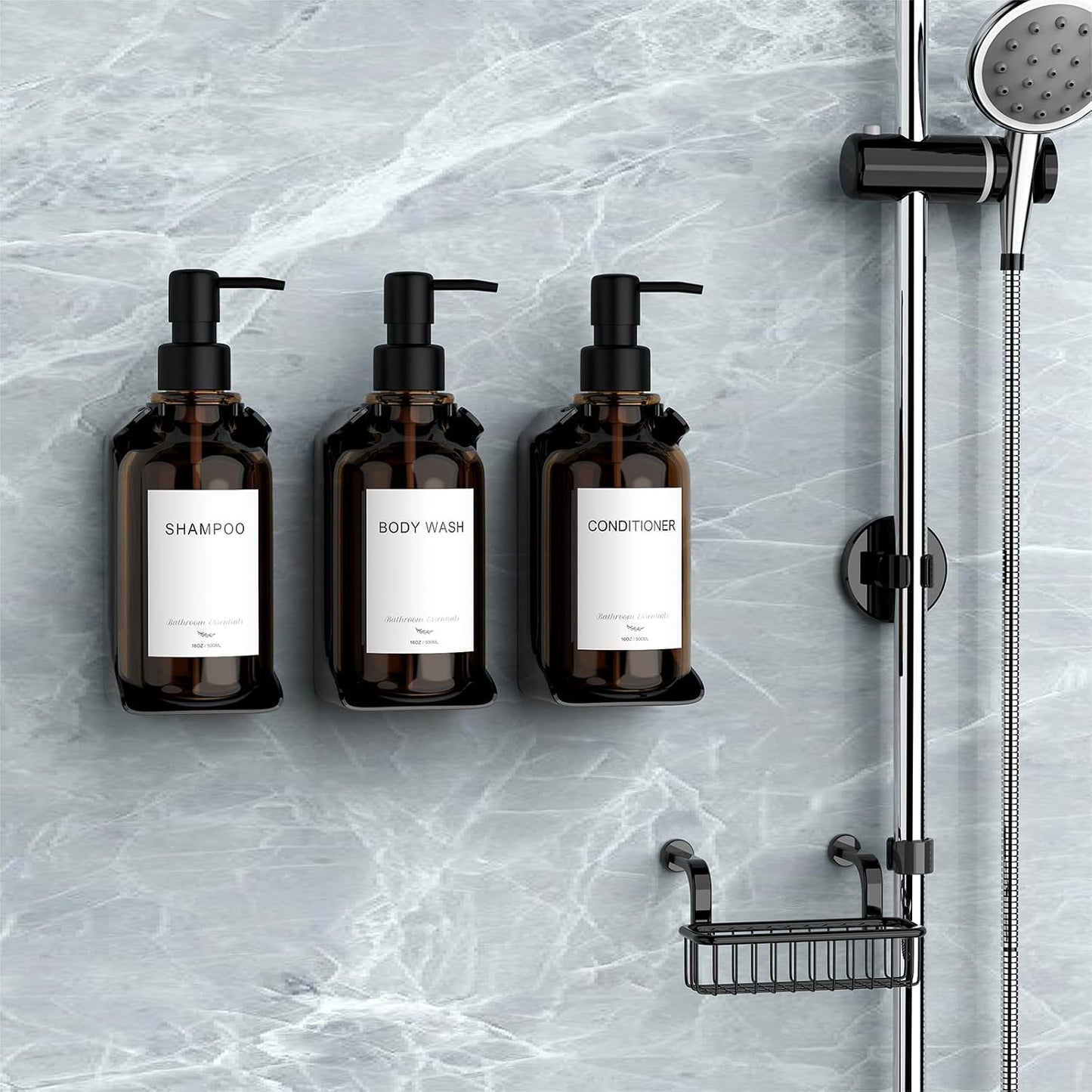 Modern Shampoo and Conditioner Dispenser - Shower Soap Dispenser Wall Mounted - 3-Pack 16 oz Plastic Amber Bottles with Black Pumps - Stylish Shampoo Dispenser, Shower Dispenser 3 Chamber No Drill