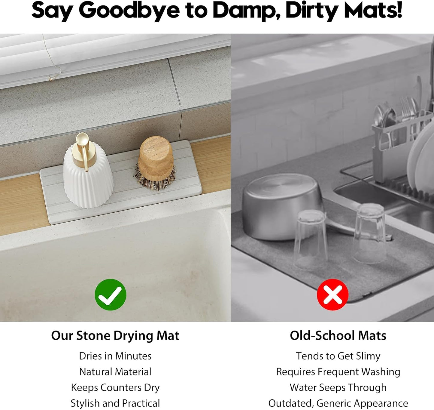 3 Pack Water Absorbent Diatomite Coasters, Stone Drying Mat for Kitchen Counter, Bathroom Sink Organizer Tray, Compact Vanity Rack, Soap Holder Caddy, Faucet Splash Guard, White 8"x3.8"