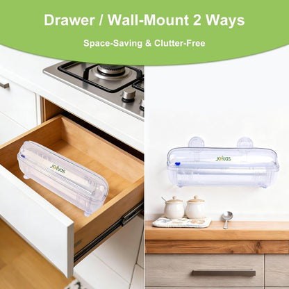 Plastic Wrap Dispenser with Slide Cutter, Fits 12 Inch Cling Wrap | BPA-free reusable dispenser fits 12" rolls. Compatible with cling film, tin foil and baking paper for food storage