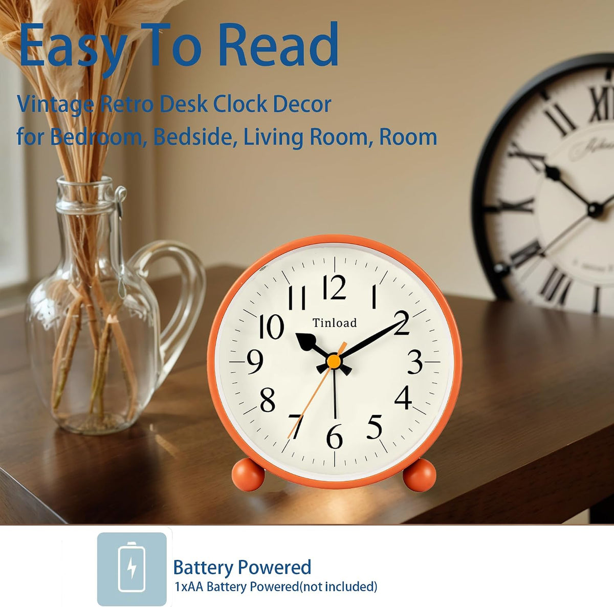 Tinload 4.5" Vintage Retro Analog Alarm Clock, Super Silent Non Ticking Small Clock with Manual Light, Snooze, Battery Operated, for Living Room, Bedroom, Bedside, Desk(Blue)