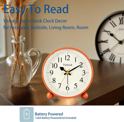 Tinload 4.5" Vintage Retro Analog Alarm Clock, Super Silent Non Ticking Small Clock with Manual Light, Snooze, Battery Operated, for Living Room, Bedroom, Bedside, Desk(Blue)