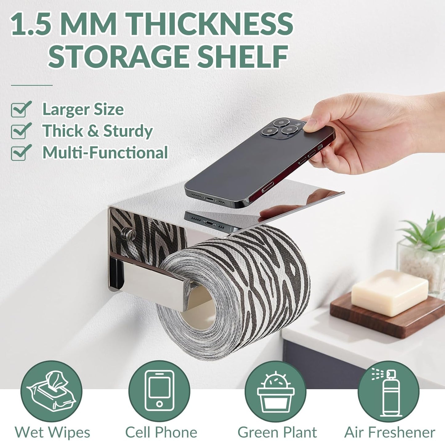 APLusee Matte Black Toilet Paper Holder with Storage Shelf, Wall Mounted | Rustproof 304 Stainless Steel, 2-in-1 Functional Toilet Paper and Phone Storage, Fits Bathroom, Restroom, Vanity, Kitchen