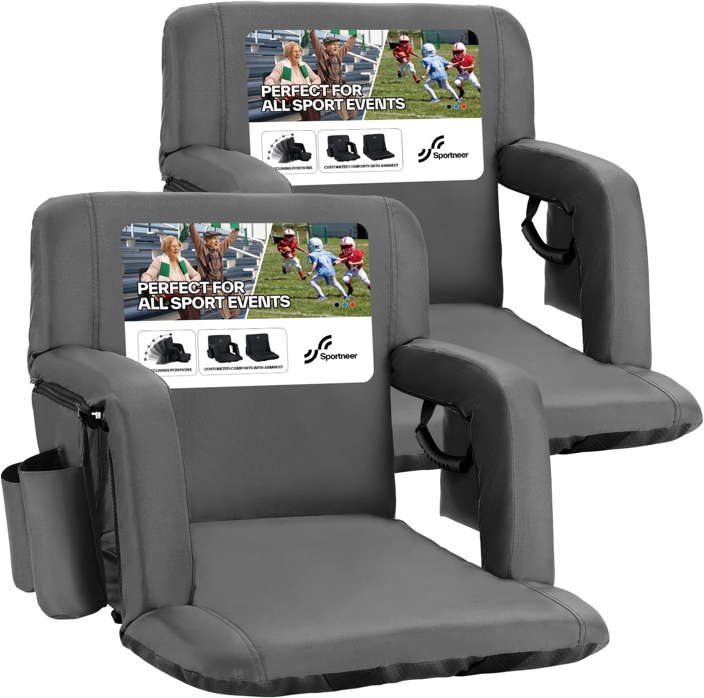 Sportneer Stadium Seats with Back Support: 2.5'' Thick Comfy Cushion 6 Adjustable Angle Bleacher Seat with Armrest - 2 Large Pockets, 2 Cup Holders Stadium Chair for Sport Events Concerts Parks