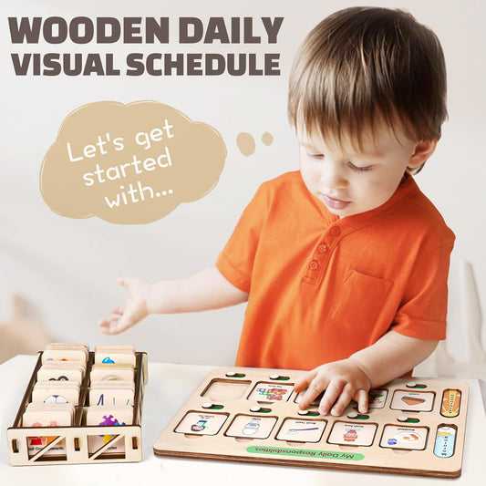 Dreamon Wooden Visual Schedule for Kids Morning and Bedtime Routine Chart | Toddler Chore Chart, Daily Schedule Board for Home/School, 80 Cards, Storage Box & Bag, Done Slider, Autism Learning Material